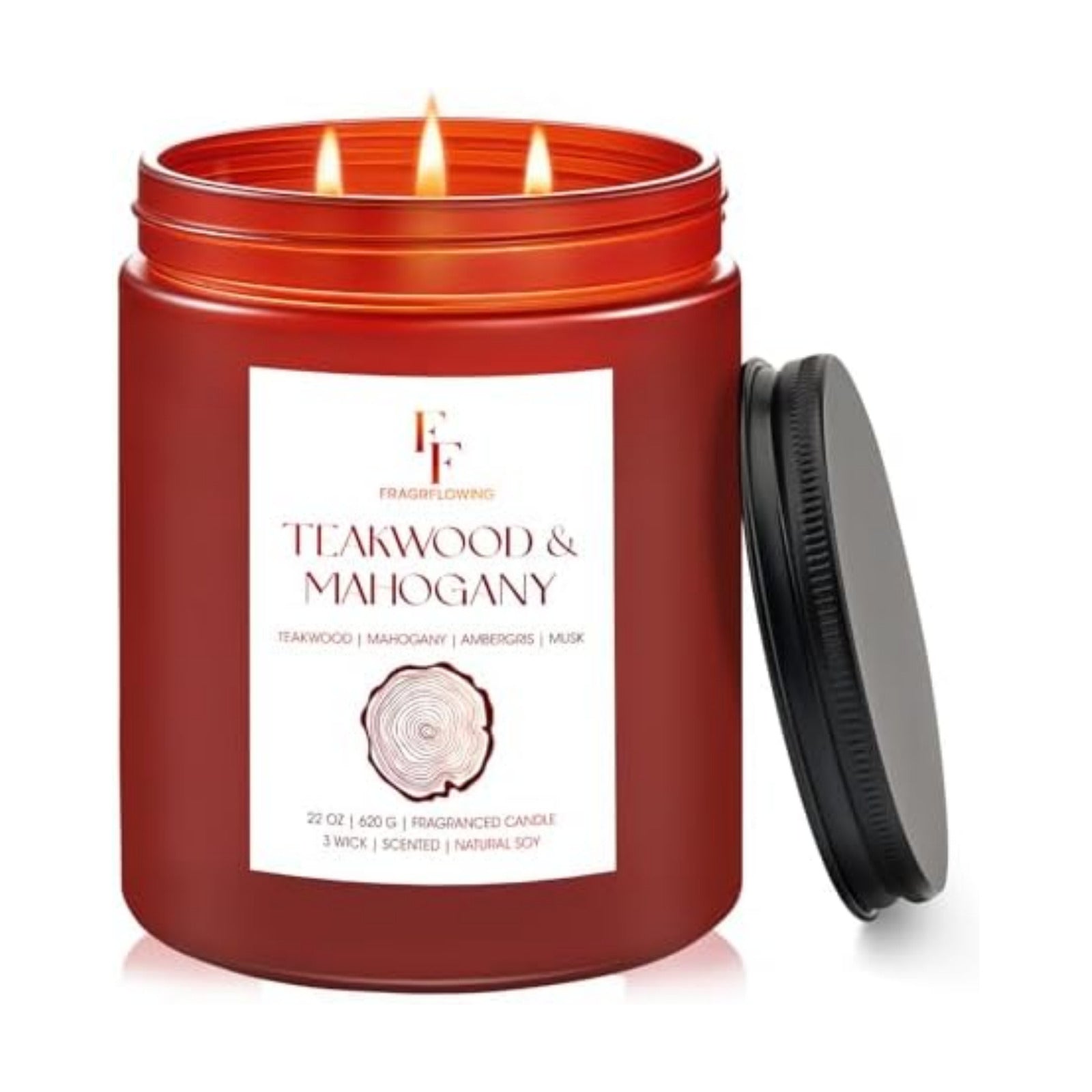 Teakwood & Mahogany Large Christmas Scented Candle, 3-Wick 22oz Long Lasting Scented Candle, Natural Soy Wax