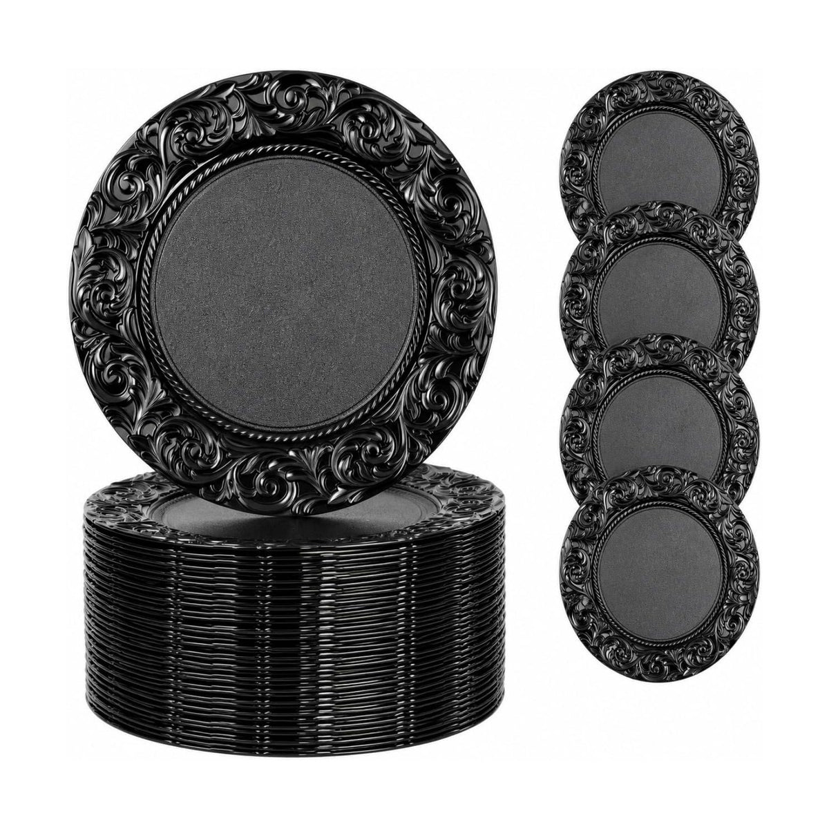 Black Charger Plates Bulk 100 Pack 13 Inch Charger Plates | Plastic Embossed Dinner Plates Reusable Round Plates for
