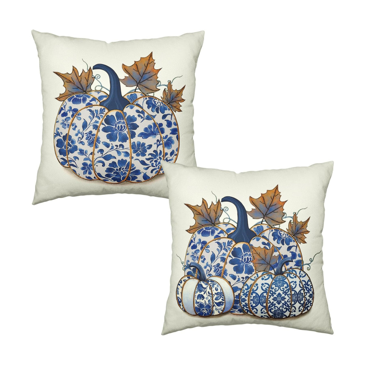 Fall Chinoiserie Pillow Covers 18x18 Set of 2 Blue and White Porcelain Pumpkin Leaf Flowers Autumn Outdoor Throw Pillows Thanksgiving Harvest Pillowcase for Sofa Couch Decor