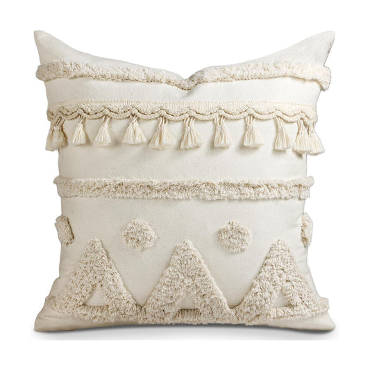 Tufted Boho Decorative Pillow Cover / Cream Tassel / 18 x 18