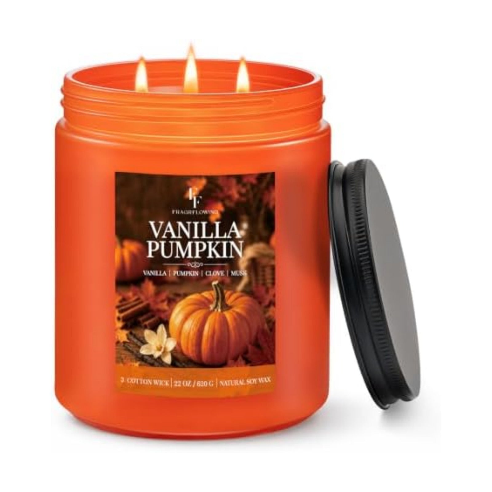 Large Fall Candle Vanilla Pumpkin Scented, 3-Wick 22oz Long Lasting