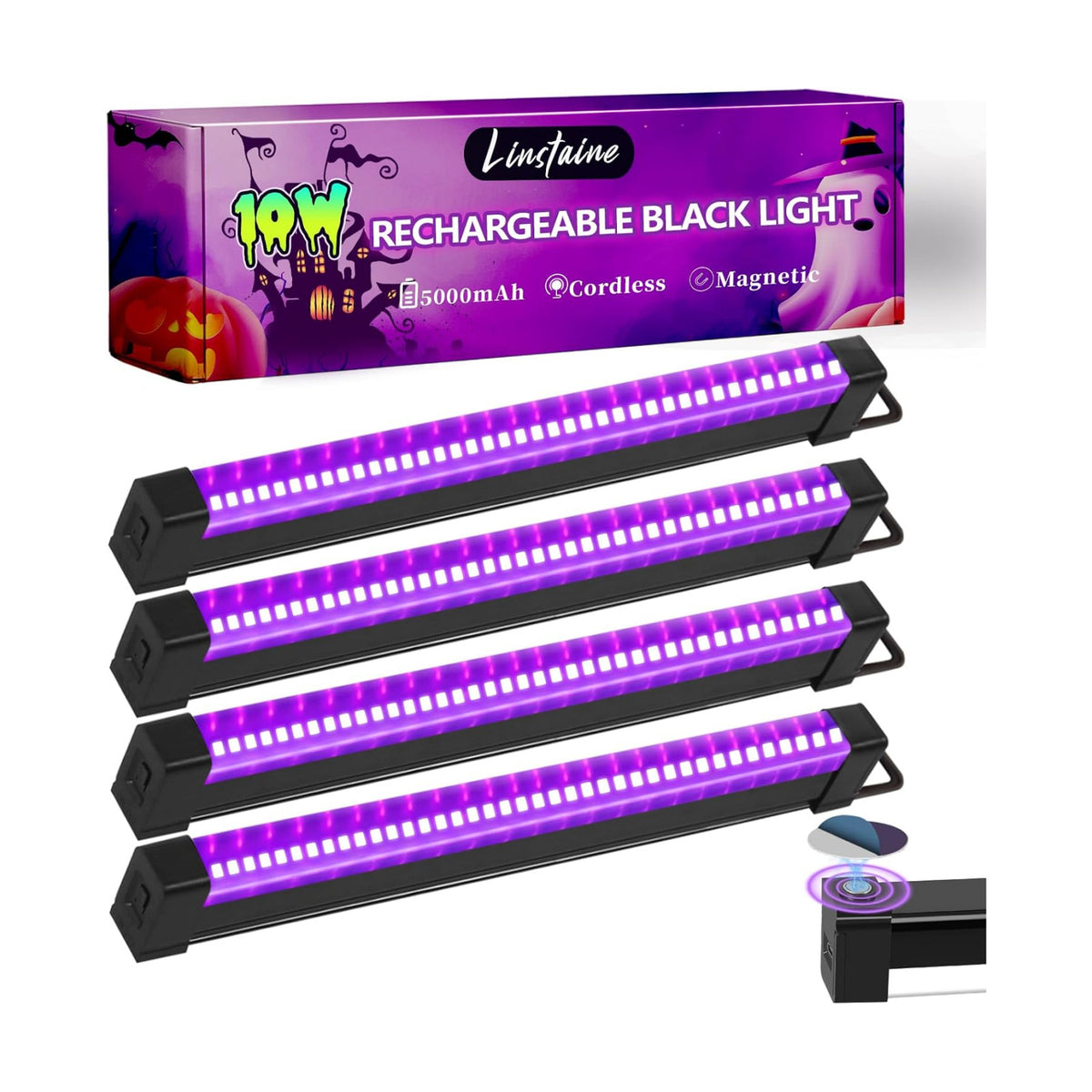 4 Pack Rechargeable Black Light Bar, 5000mAh Large Capacity Battery Powered | for Glow Party, Portable Blacklight Party