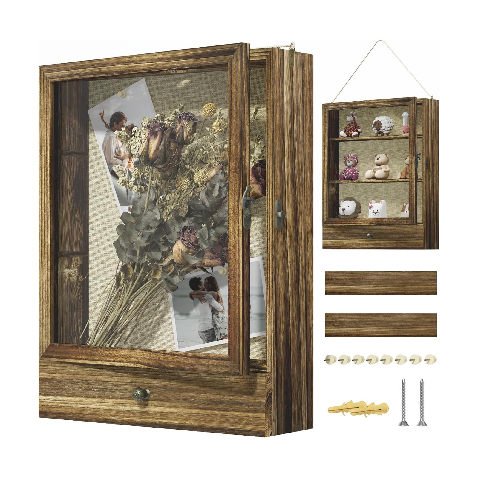 16x20 Brown Solid Wood Shadow Box Display Case, 3.1" Deep | Linen Back, Removable Shelves & Drawers, Display Flowers