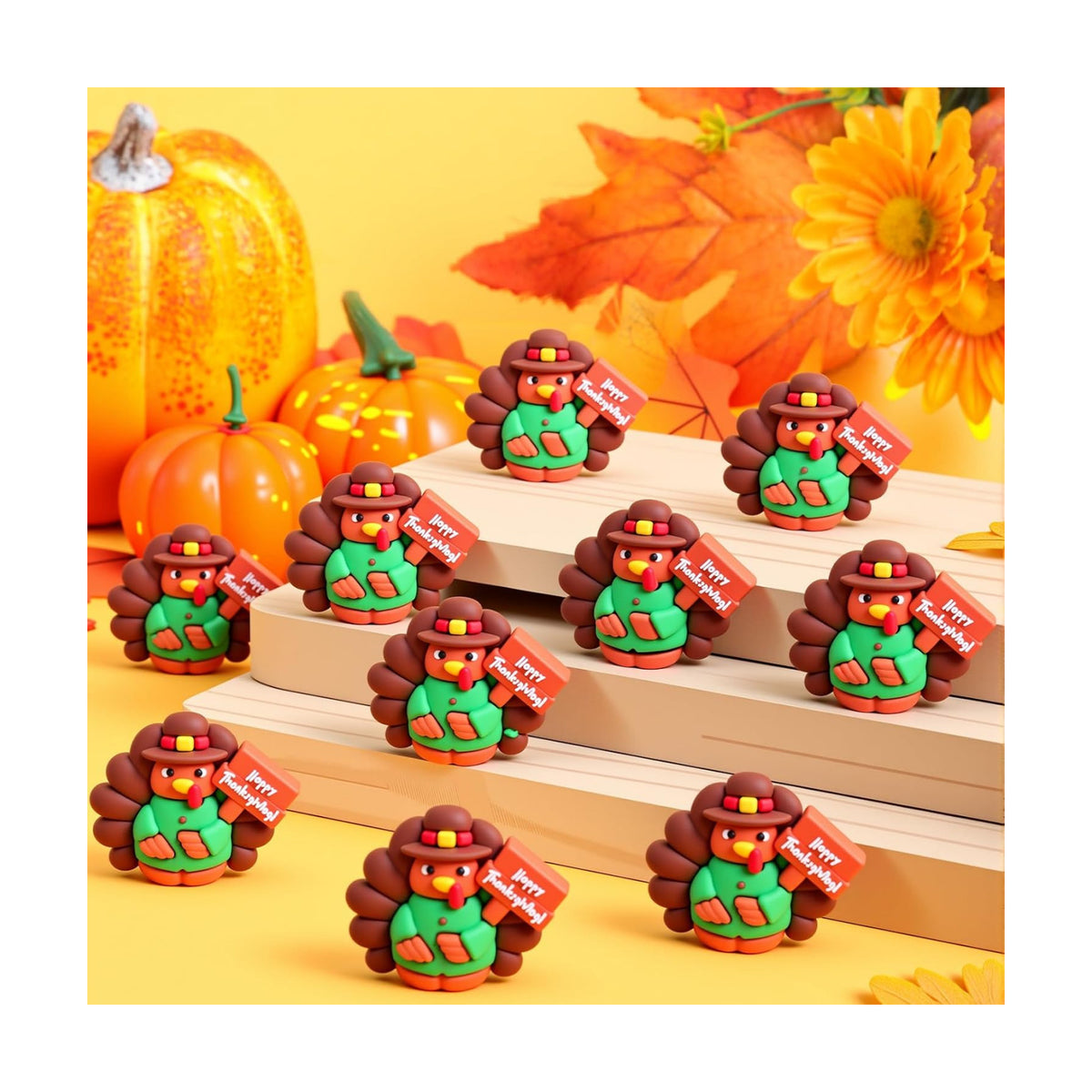 Domensi 50 Pcs Thanksgiving Mini Turkey Figurines Tiny Turkey Figures to Hide and Seek Little Pilgrim Statue Miniatures Chicken for Party Autumn Fall Decor Table Centerpiece(Happy Thanksgiving)