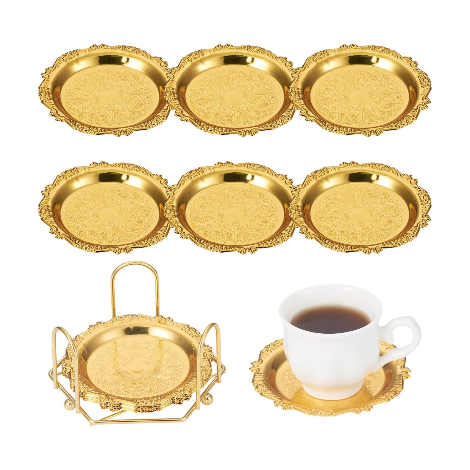 Holder Vintage Coasters Round Coasters Metal Cup Mats / Gold-lace / Set of 6