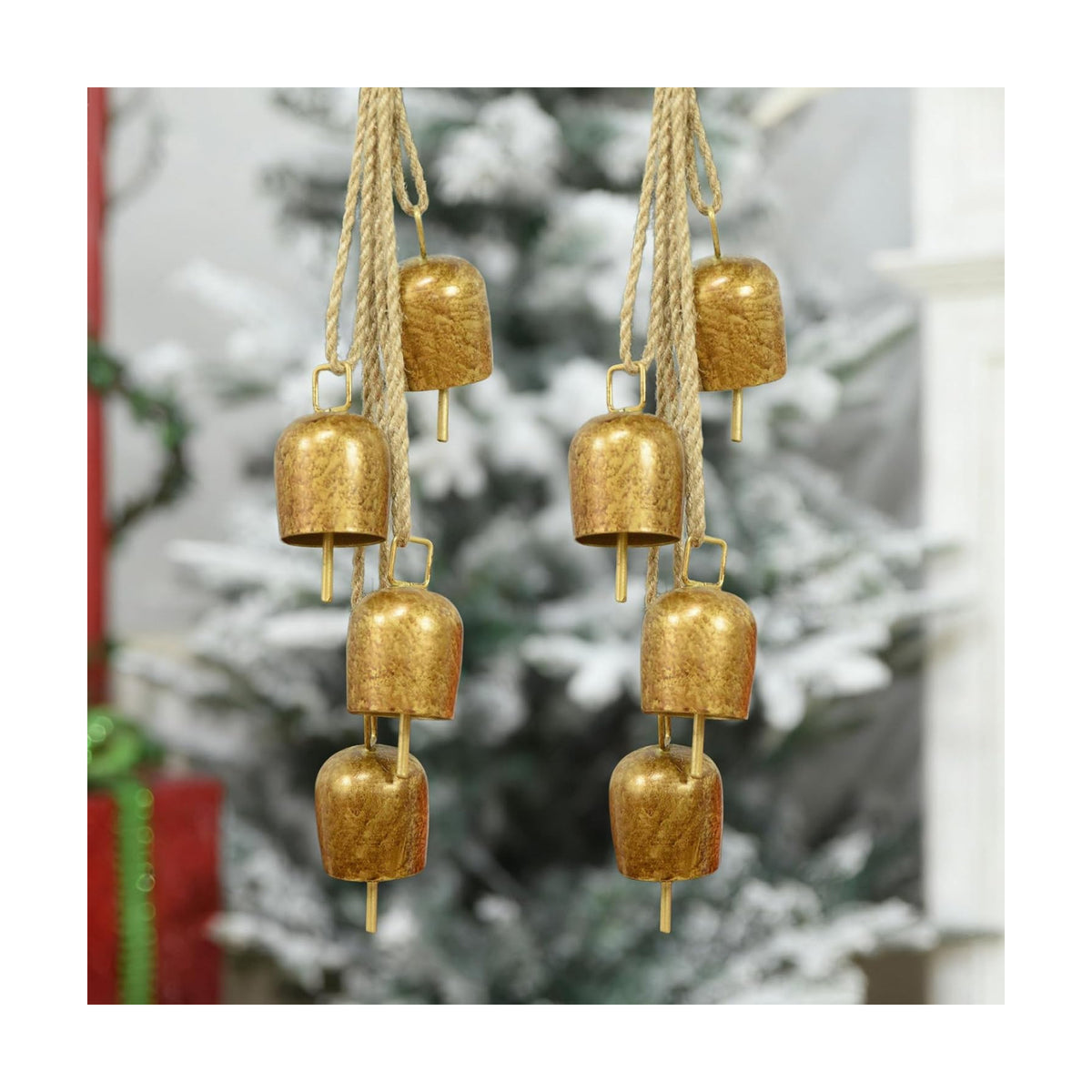 2 Pack Gold Metal Vintage Bells with Jute Hanging Rope