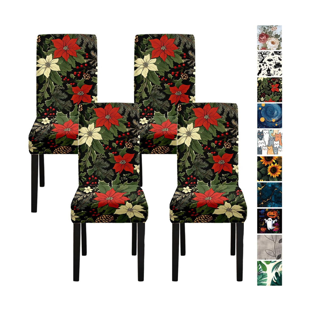 Flower Chair Covers for Dining Room – Festive Holiday Floral Print Slipcovers with Red Poinsettia, Pinecones & Holly – Stretch Washable Dining Chair Protector for Winter Decor, Parties