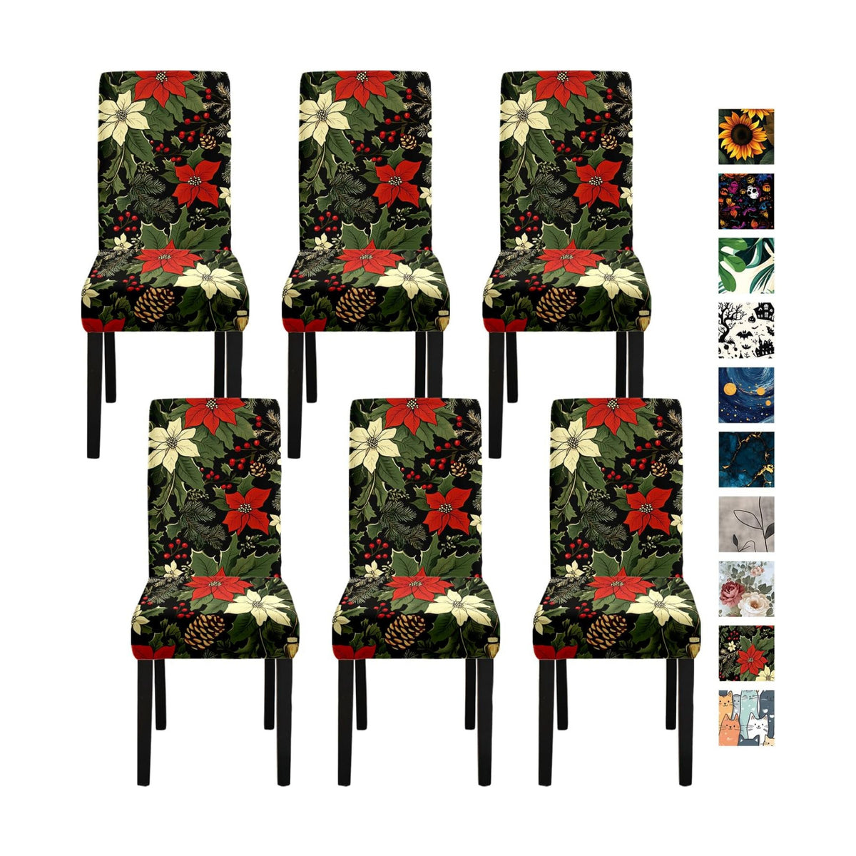 Christmas Chair Covers for Dining Room – Festive Holiday Floral Print Slipcovers with Red Poinsettia, Pinecones & Holly – Stretch Washable Dining Chair Protector for Winter Decor, Parties