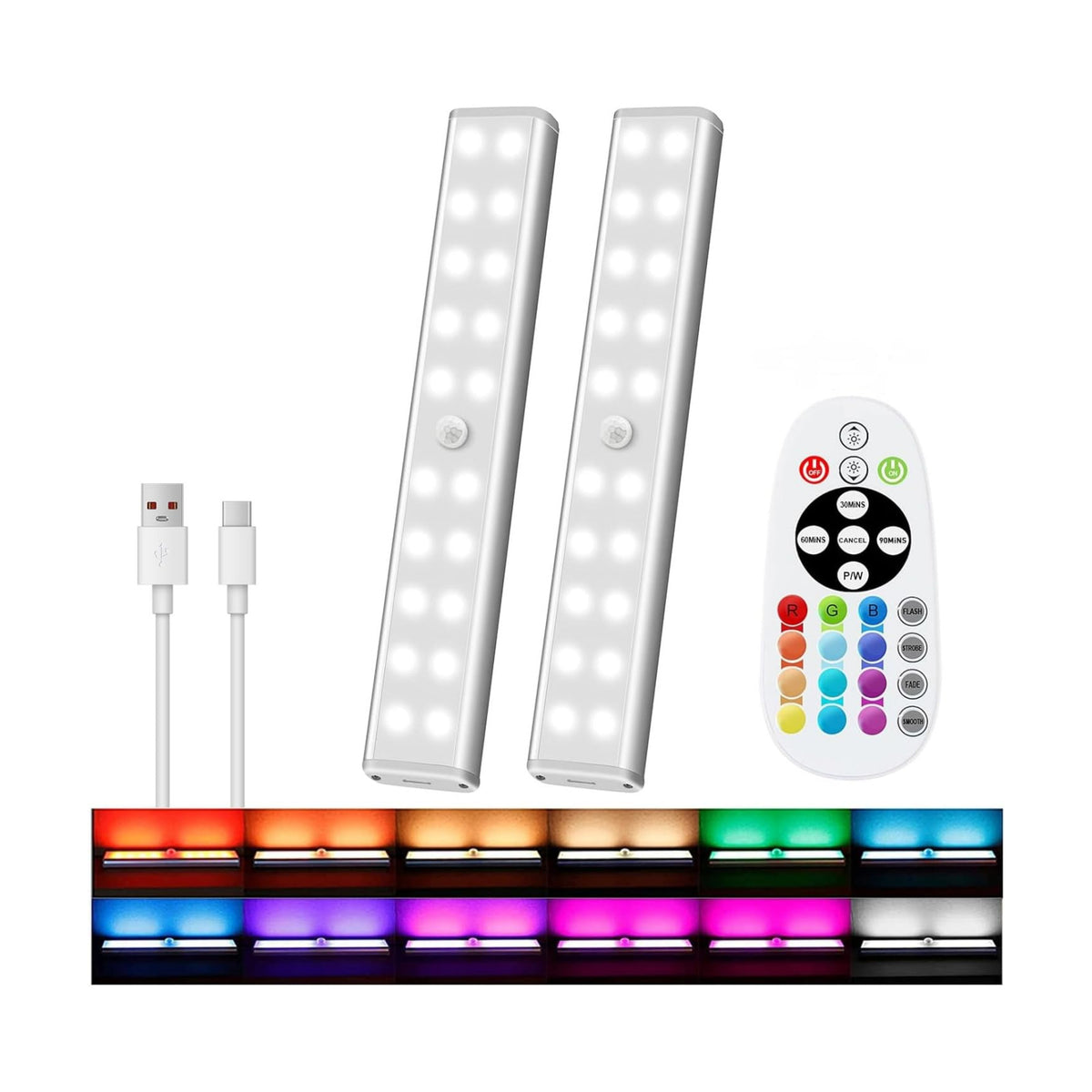 Under Cabinet Light Wireless with Remote, 15 Color RGB Magnetic Led Light Bar, 48-LED Rechargeable Closet Lights, 3