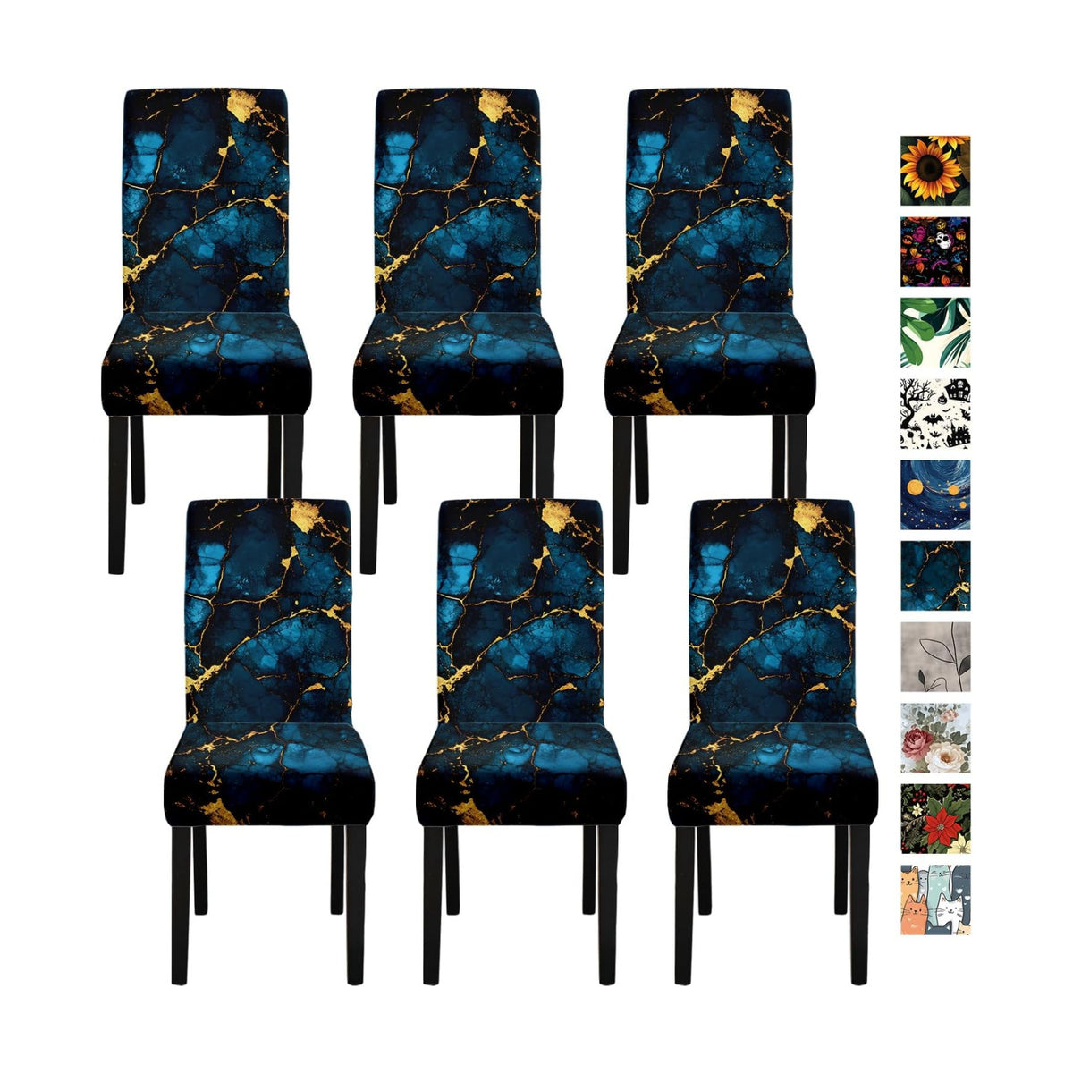 Luxury Marble Chair Covers for Dining Room – Stretch Blue and Gold Abstract Pattern Slipcovers – Modern Washable Seat Protector for Kitchen, Banquet, Office Decor, Set of 6