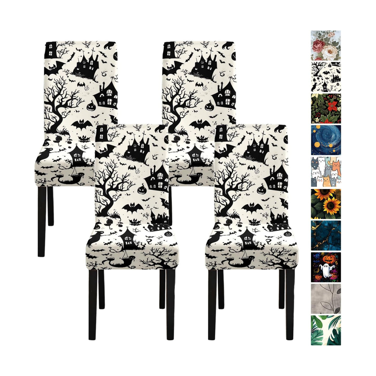Halloween Chair Covers for Dining Room – Spooky Black and White Slipcovers with Haunted House, Bats, Pumpkins & Witches – Stretch Washable Chair Protectors for Party Decor, Trick or Treat