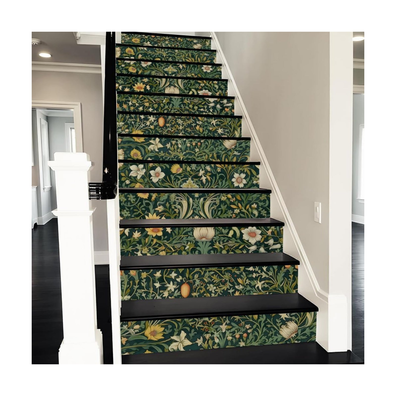William Morrise Leaf Vine White Flowers Damask Vintage Peel and Stick Vinyl Stair / Stad-043 / Green