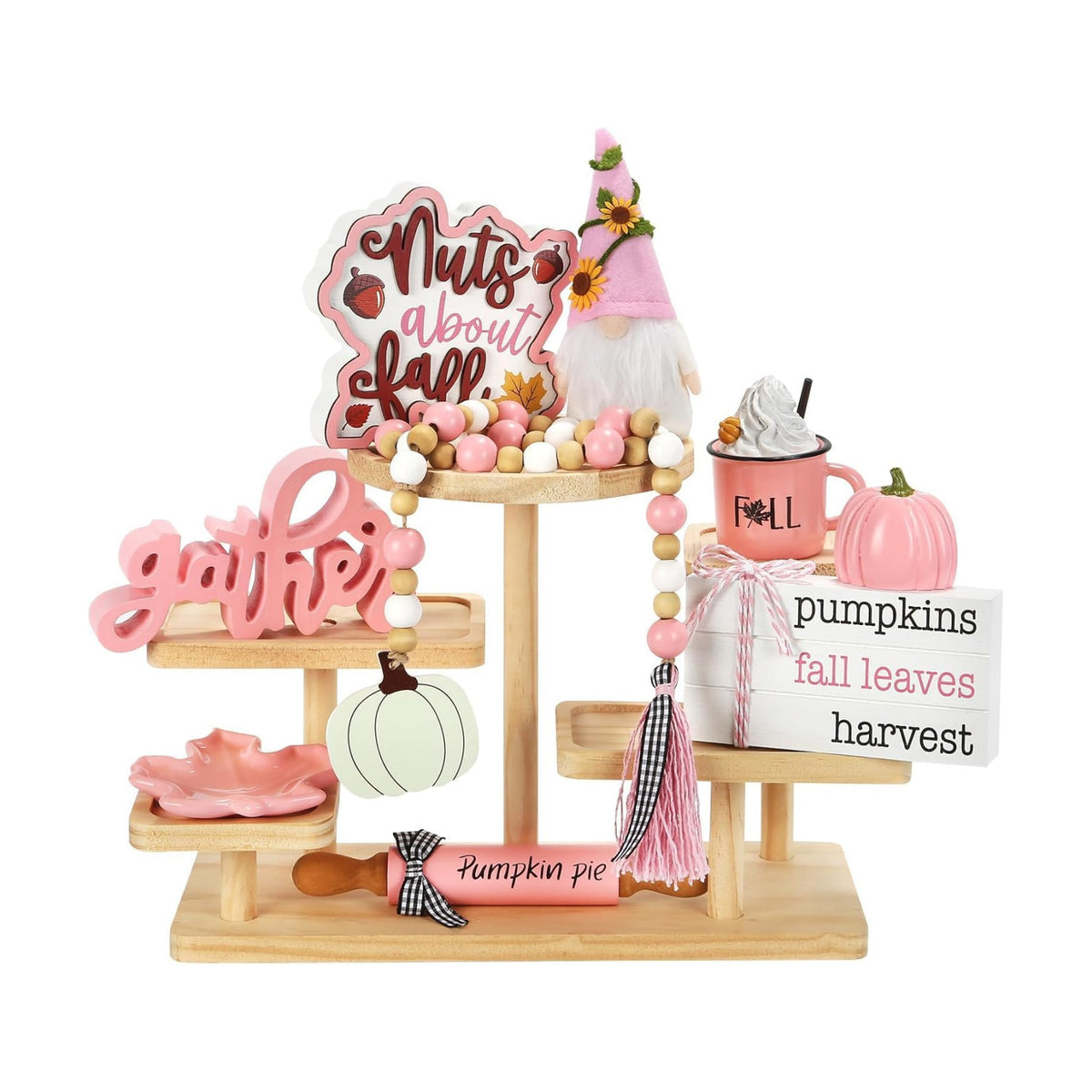 Fall Decorations for Home, 8Pcs Farmhouse Pink Fall Tiered Tray Decor Set