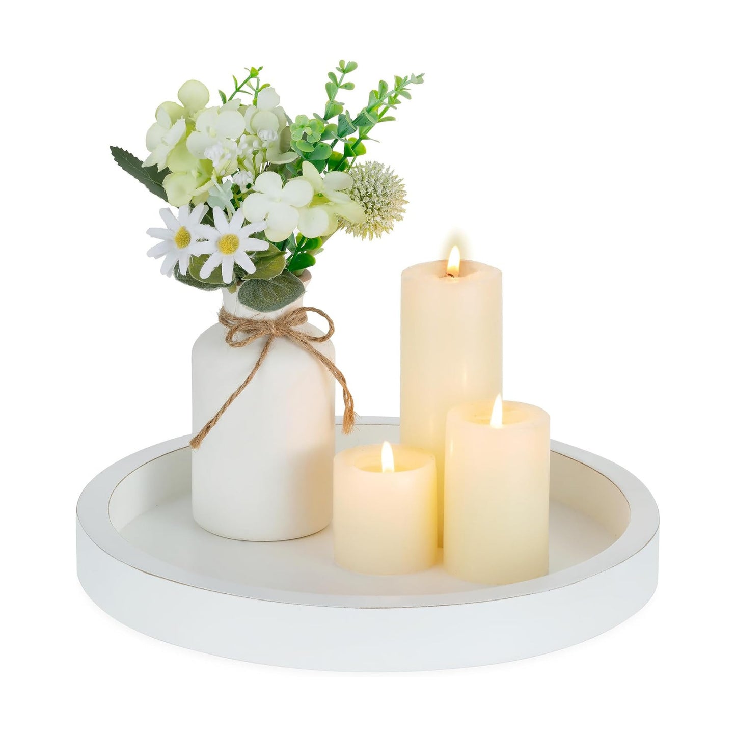 Wood Candle Holders Plate Round Rustic Trays for Ottoman Centerpiece Home / White-1