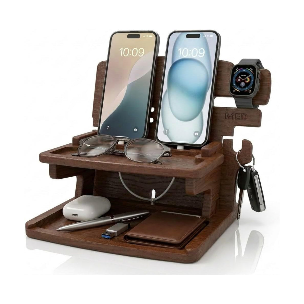 MED Wood Phone Docking Station for Men - Desk or Nightstand Organizer - Birthday Gifts for Husband, Dad - Anniversary