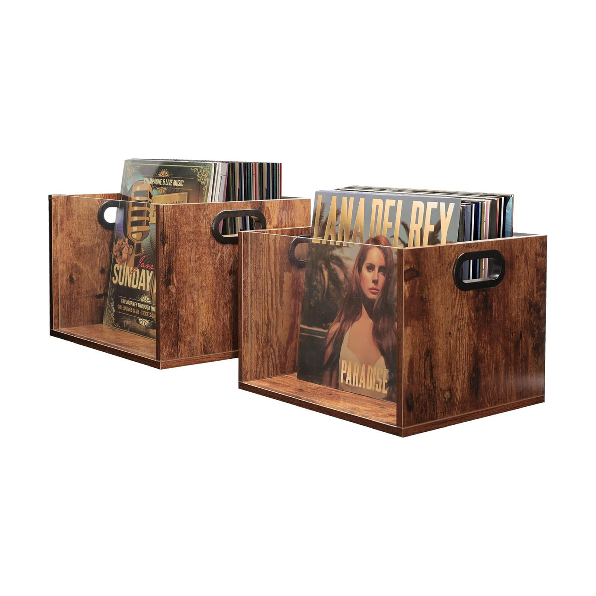 Vinyl Record Storage Crate 2 Pack, Holds up To 60 LPs, Album Visible Storage Box with Acrylic Front, Handle, Wooden
