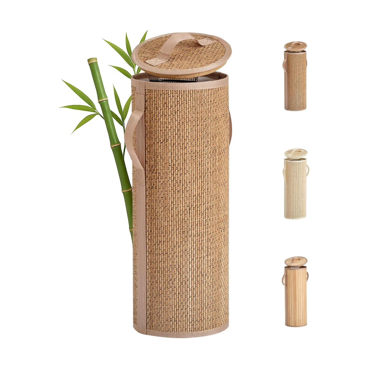 Bamboo Toilet Paper Storage Basket with Lid & Handle - 10L Handwoven Bathroom Organizer for 4 Rolls - Sturdy Stand