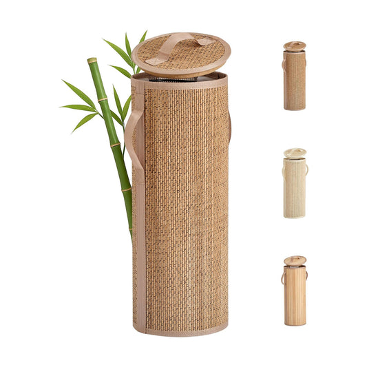 Bamboo Toilet Paper Storage Basket with Lid & Handle - 10L Handwoven Bathroom Organizer for 4 Rolls - Sturdy Stand