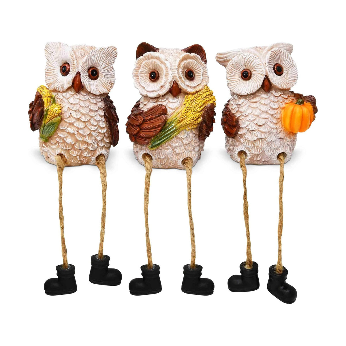 Thanksgiving Owl Figurines Set of 3 Fall Shelf Sitters Dangling Legs