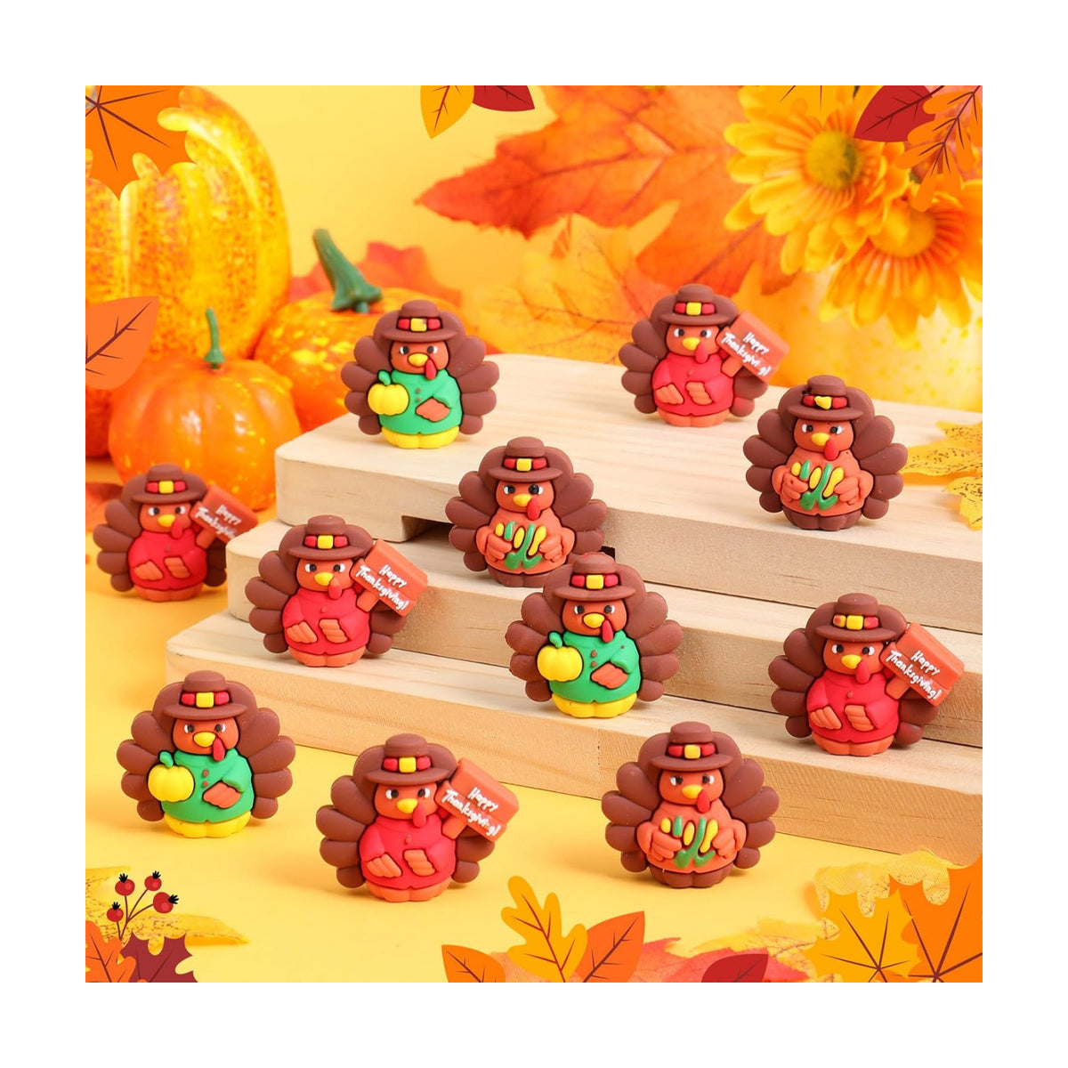 Domensi 30 Pcs Thanksgiving Mini Turkey Figurine Tiny Fall Turkey Figures to Hide and Seek Pumpkin Corn Rubber Small Chicken Statue for Fall Thanksgiving Home Table Dollhouse Decorations(Vibrant)