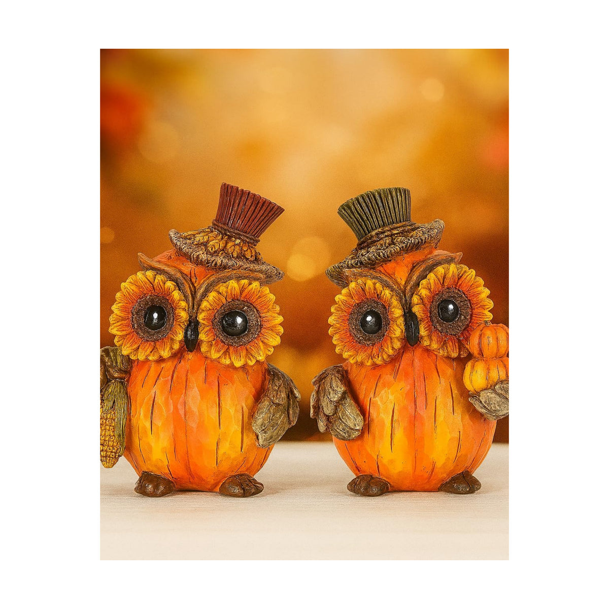 iStatue Set of 2 Thanksgiving Decorations Owl Figurines – Hand-Painted Resin Pumpkin Owls with Sunflower Eyes & Hats, 4.7” Fall Harvest Table Decor for Autumn Centerpiece (Yellow)