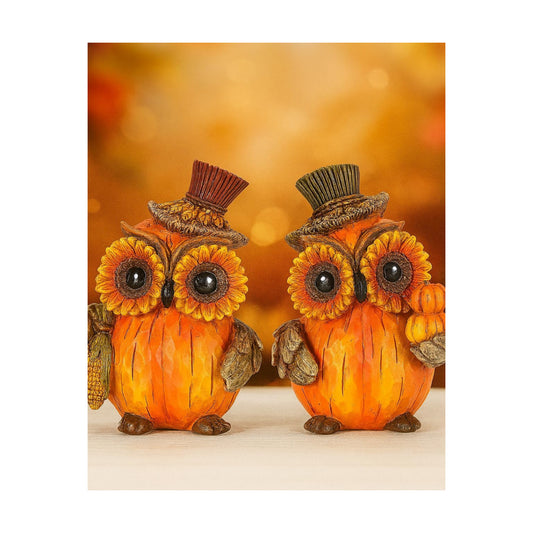 iStatue Set of 2 Thanksgiving Decorations Owl Figurines – Hand-Painted Resin Pumpkin Owls with Sunflower Eyes & Hats, 4.7” Fall Harvest Table Decor for Autumn Centerpiece (Yellow)