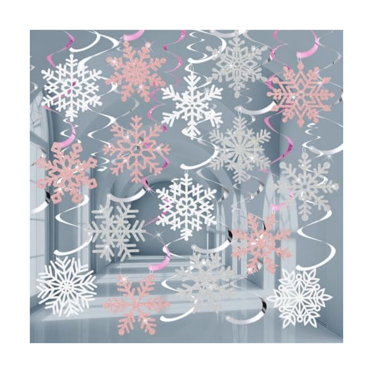 Snowflake Decorations, Christmas Hanging Decor, Pink White Silver, 30-Pc