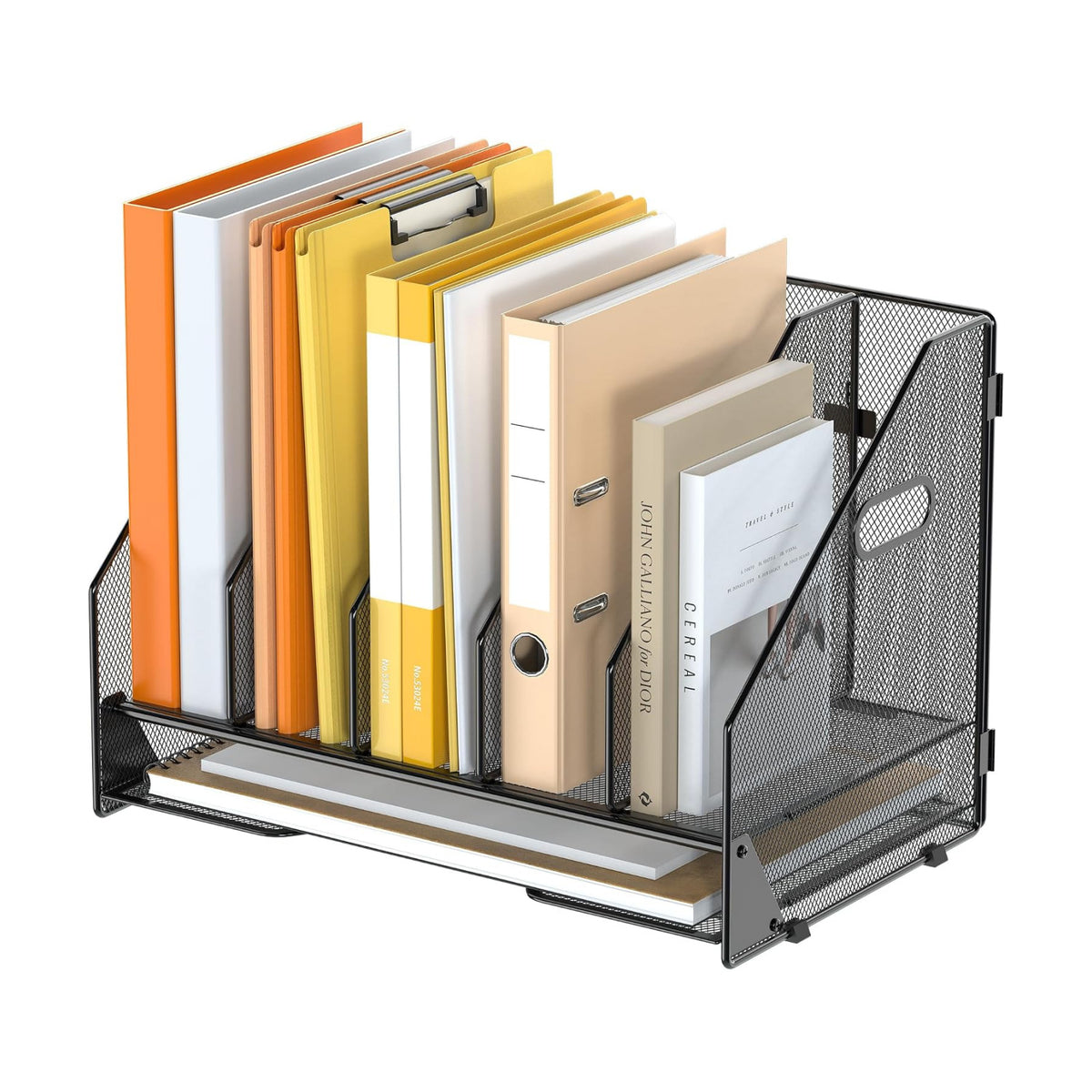 5 Vertical Mesh Desk Organizer with Paper Letter Tray, Black | Sorting racks with lower letter tray section.