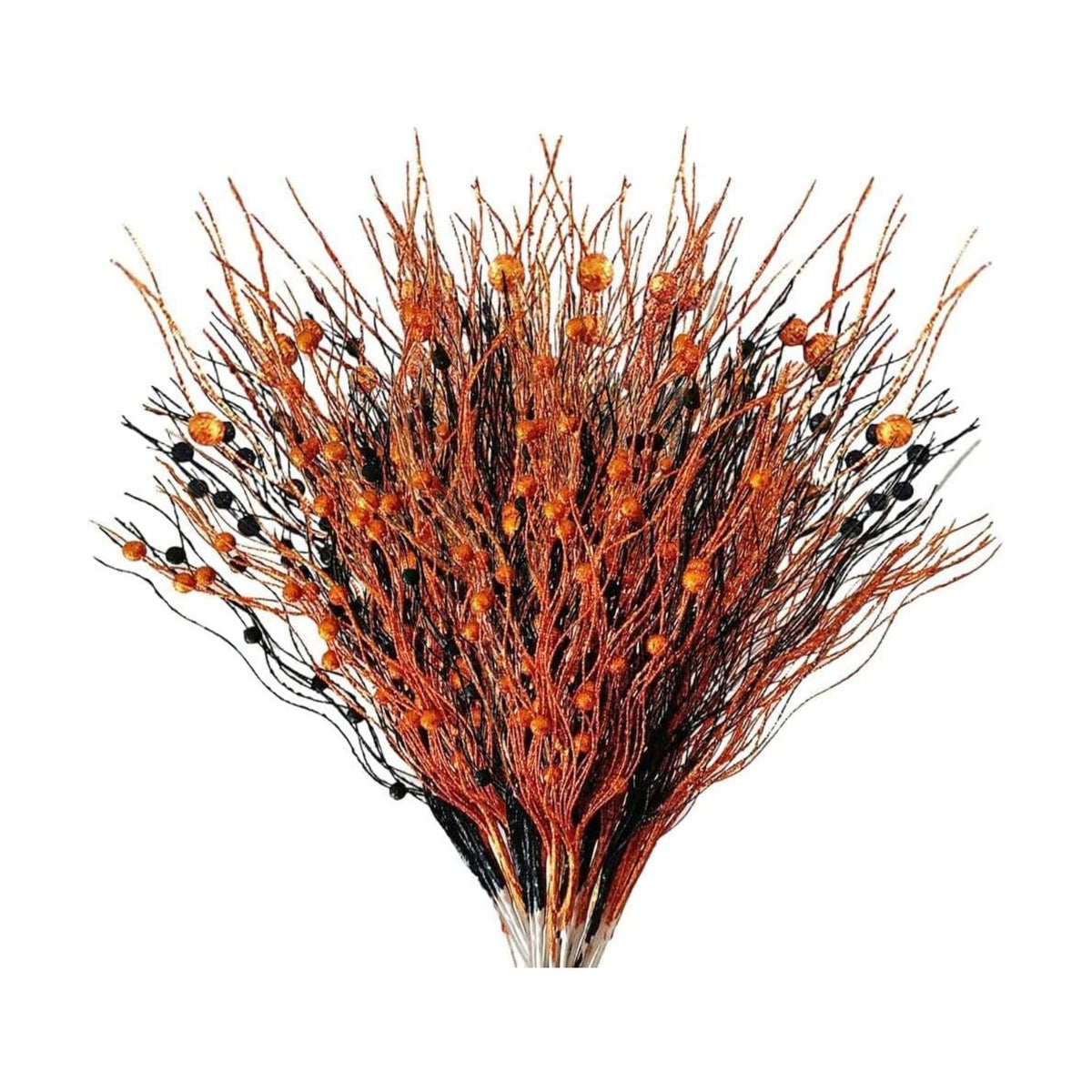 24 Pack Glitter Halloween Black Orange Artificial Berry Stem Picks 13.4 Inch Curly Tall Tree Filler Branches Christmas Decorations for Vase Filler, Twigs for Holiday (Orange Black)