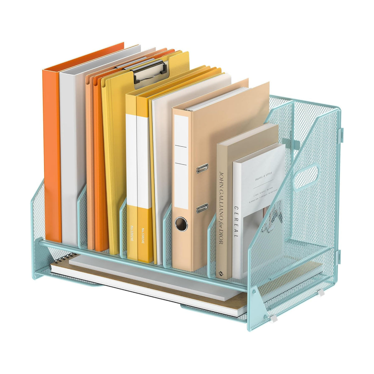 5 Vertical Mesh Desk Organizer with Paper Letter Tray, Blue | Sorting racks with lower letter tray section.