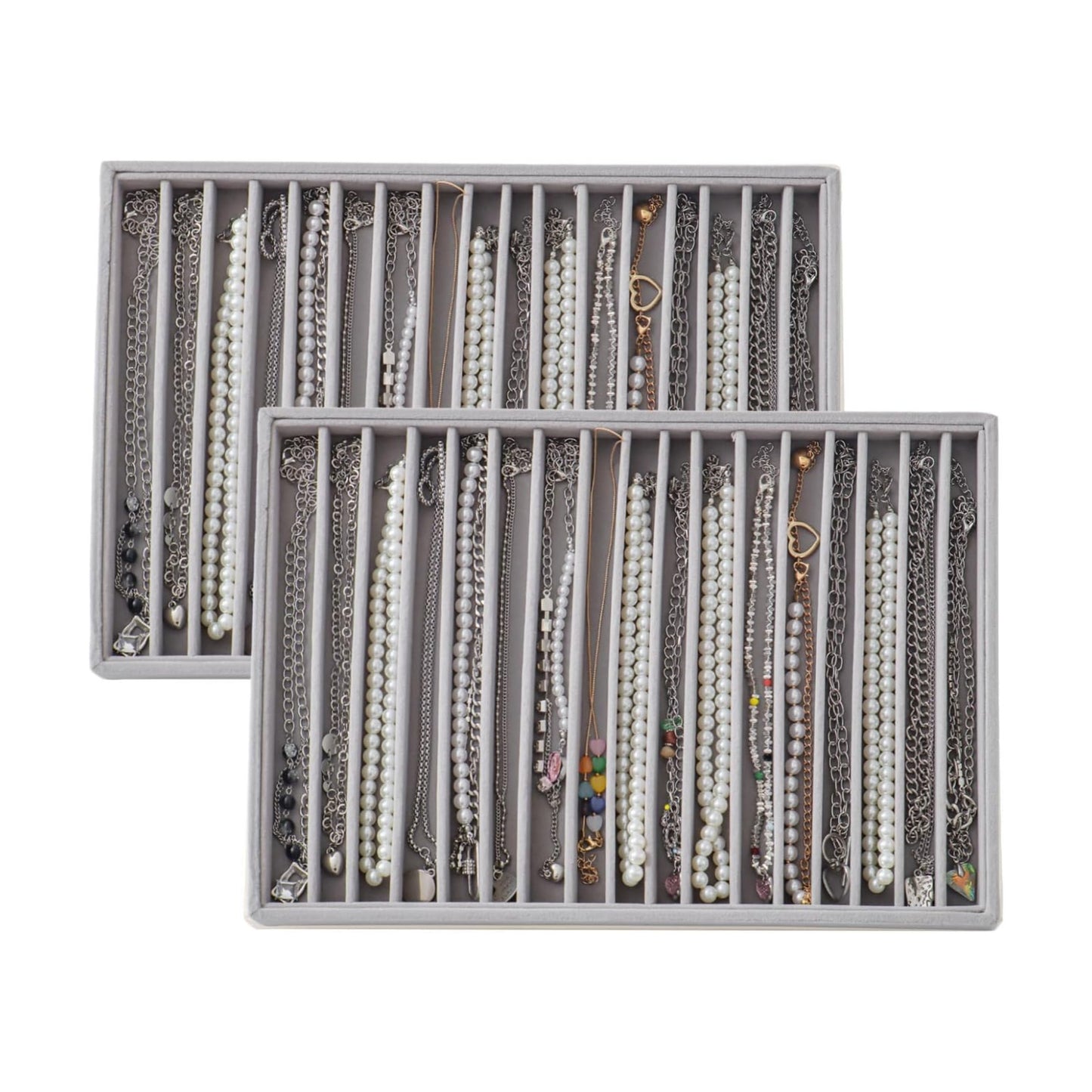 Large Velvet Jewelry Tray Stackable Jewelry Display Drawer Inserts / Gray / 16 Grids / Set of 2