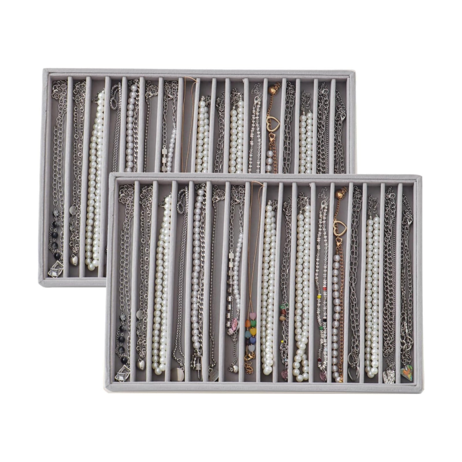 Large Velvet Jewelry Tray Stackable Jewelry Display Drawer Inserts / Gray / 16 Grids / Set of 2