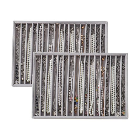 Large Velvet Jewelry Tray Stackable Jewelry Display Drawer Inserts / Gray / 16 Grids / Set of 2