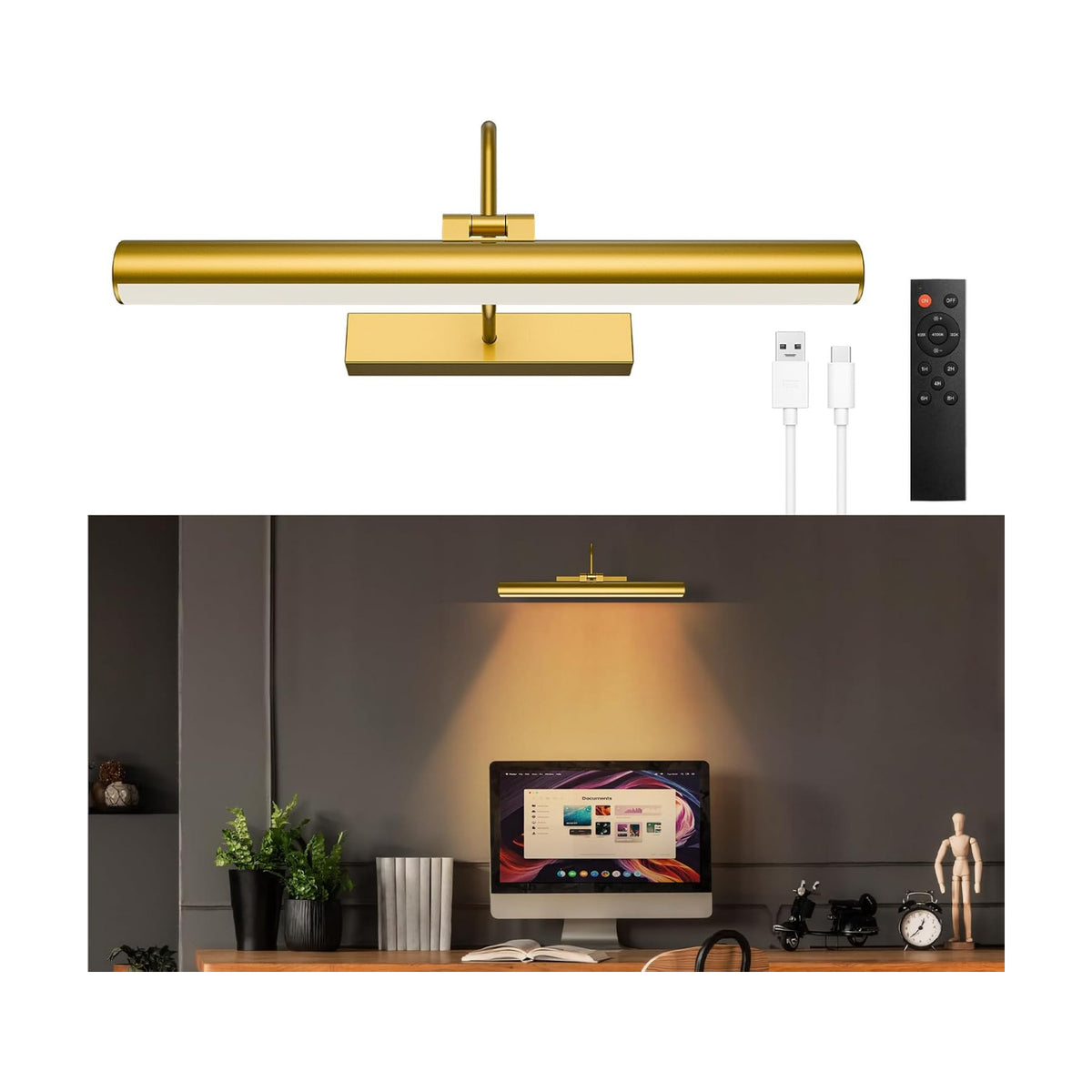 13" Rechargeable Picture Light for Wall Art, Brass Finish | 5200mAh Battery Operated Wireless LED Art Light with