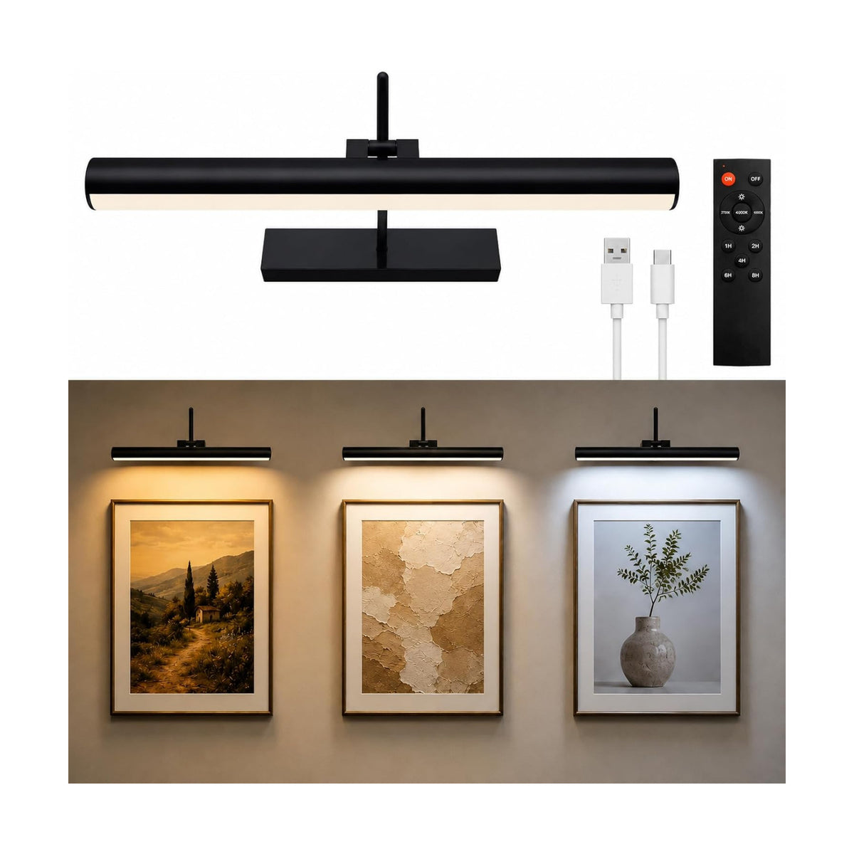 13 Inch Battery Operated Picture Light, Rechargeable, Black | Remote Touch Control, Timer, 3 Color Modes, Dimmable