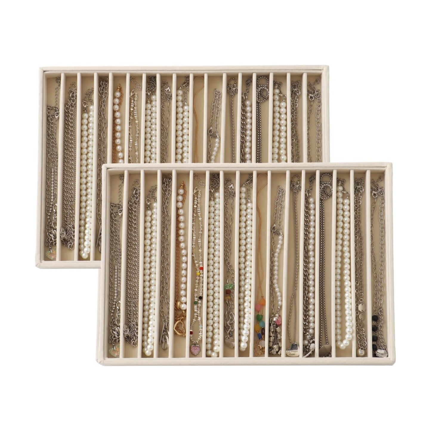 Large Velvet Jewelry Tray Stackable Jewelry Display Drawer Inserts / Beige / 16 Grids / Set of 2