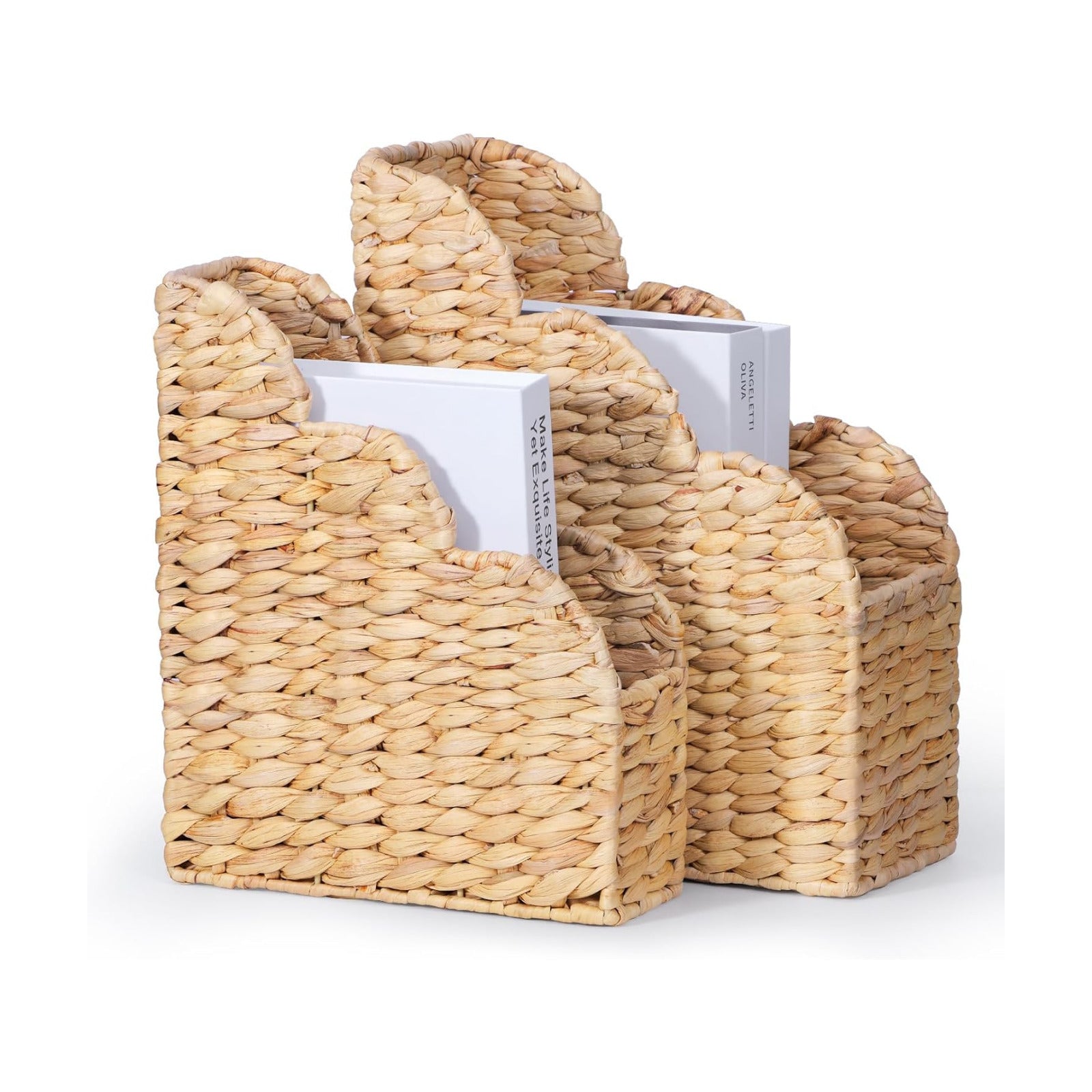 Handwoven Rattan Storage Baskets / Water Hyacinth-scalloped / Natural / Set of 2