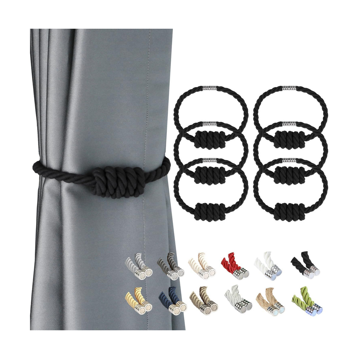 BEL AVENIR Magnetic Cotton Curtain Tiebacks 6 Pack Hand-Woven Curtain Ties | Black Cotton Decorative Curtain Holdbacks