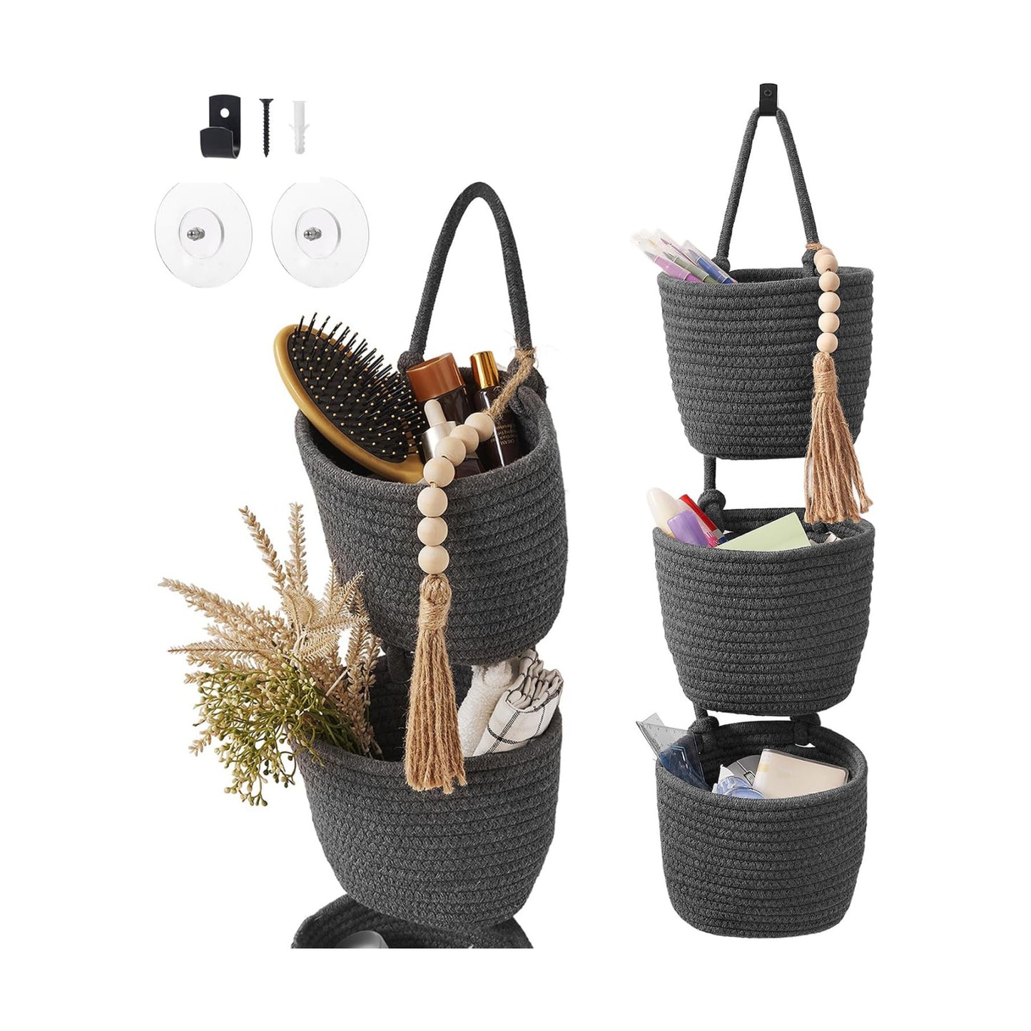 Woven Baskets Pouches Set Boho Style Wall Mounted Bag / Gray & Black / Small