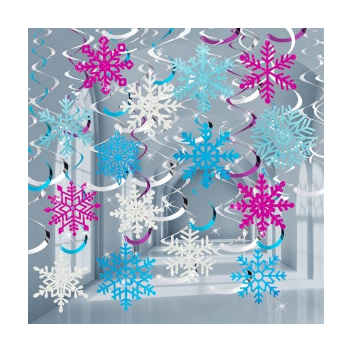 Snowflake Decorations, Christmas Hanging Decor, Blue Purple Silver, 30-Pc