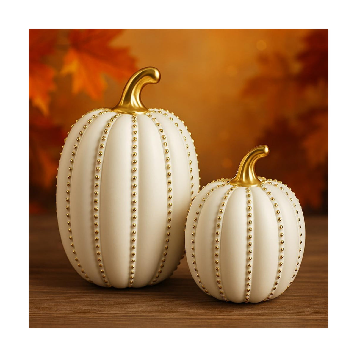 iStatue Set of 2 Decorative Pumpkins – Elegant Beaded Resin Fall Decorations, Thanksgiving Table Centerpiece, Autumn Home Decor, Glam Farmhouse Style (White)