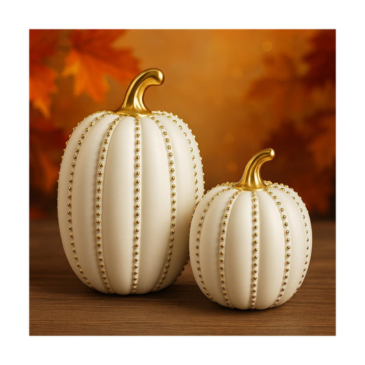iStatue Set of 2 Decorative Pumpkins – Elegant Beaded Resin Fall Decorations, Thanksgiving Table Centerpiece, Autumn Home Decor, Glam Farmhouse Style (White)