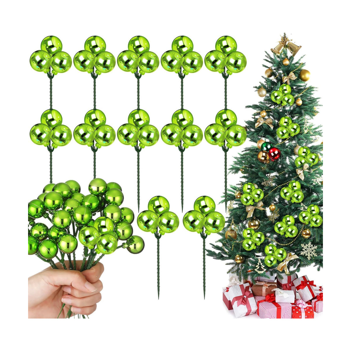 Syhood 12 Sets 7.9 Inch Christmas Ball Picks and Sprays Decor, Lime Green