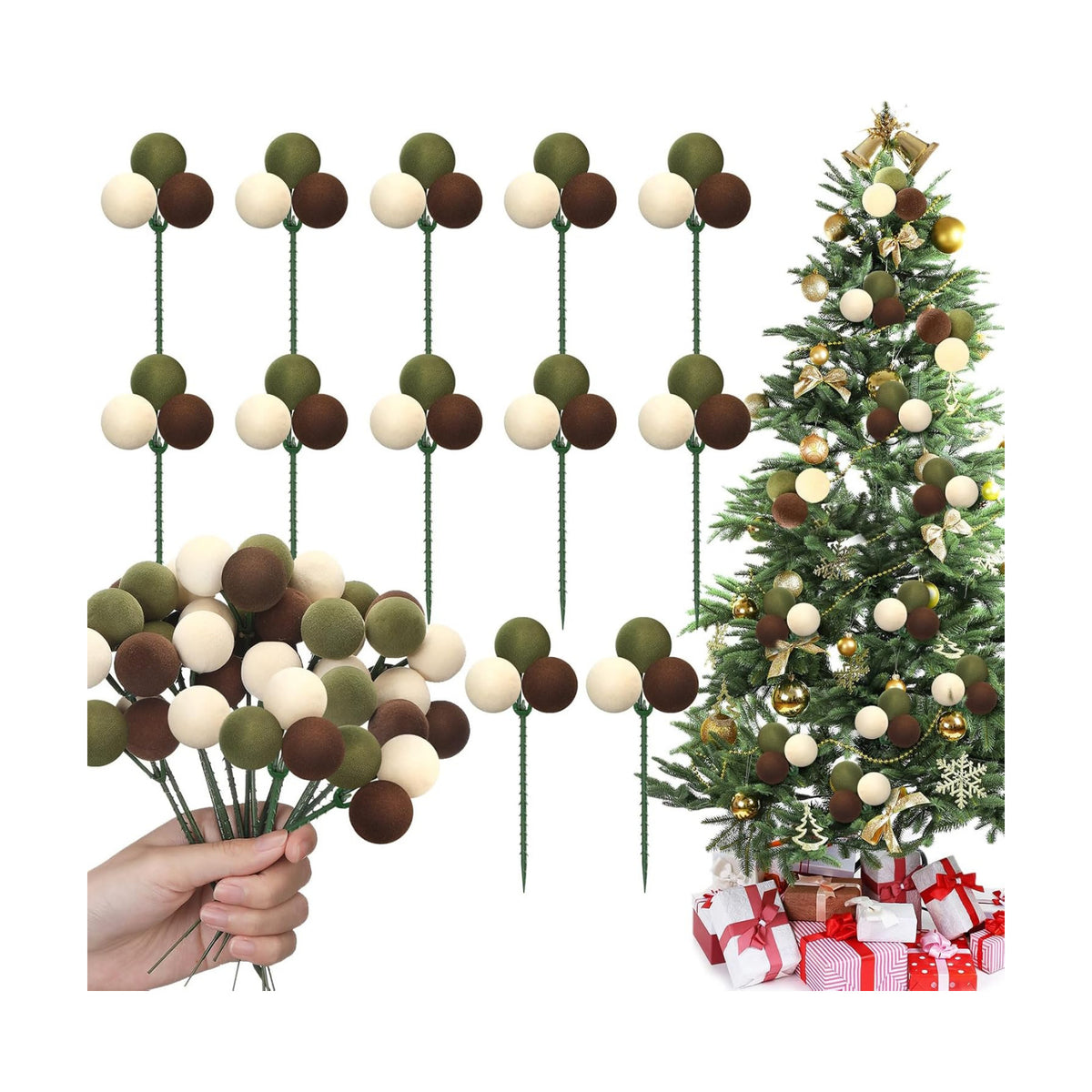 Syhood 12 Sets 7.9 Inch Christmas Ball Picks and Sprays, Green Brown Beige