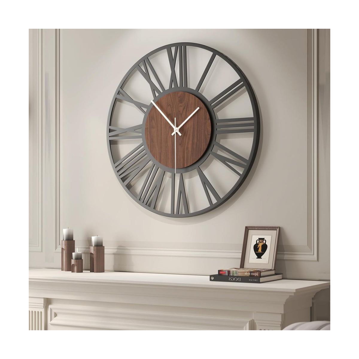 Cuspin 30 Inch Large Wall Clock Black Metal Frame with Walnut Wood Dial | Battery operated, Silent non ticking, Roman