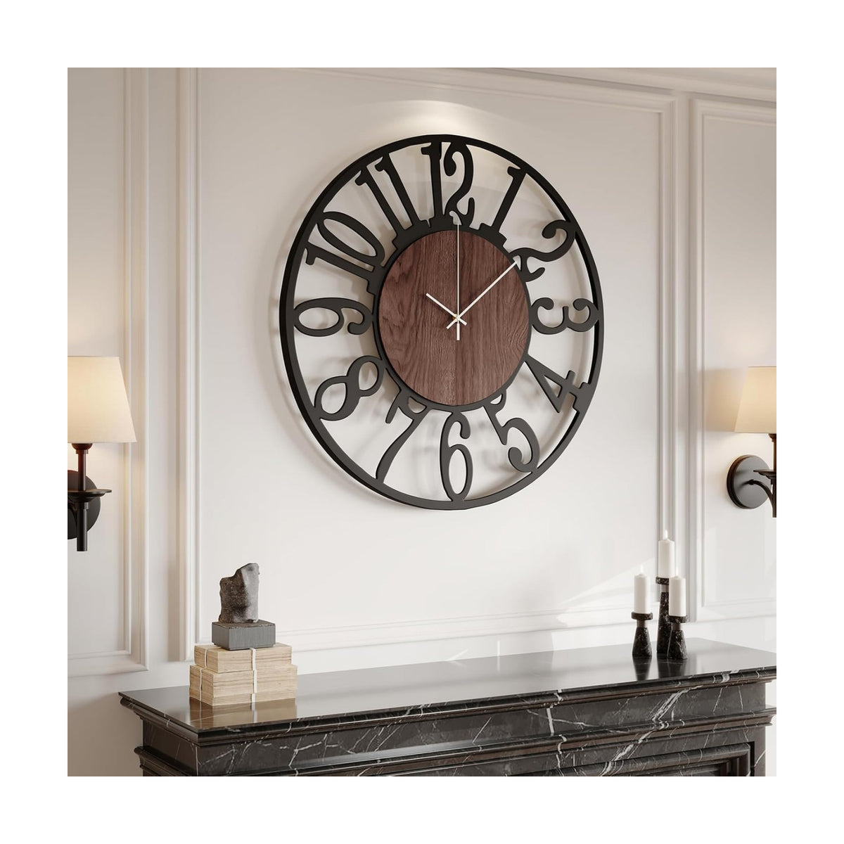 Cuspin 30 Inch Large Wall Clock Black Metal Frame with Walnut Center Dial | Wood and Metal, Battery operated, Silent