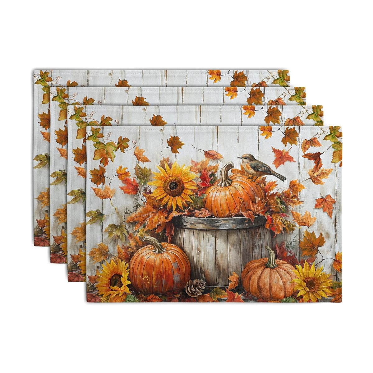 Fall Placemats 12x18 Inch Set of 4 Pumpkin Maple Leaves Sunflower Bird Linen Place Mat Burnt Orange Autumn Thanksgiving Harvest Table Mats for Party Kitchen Dining Decoration