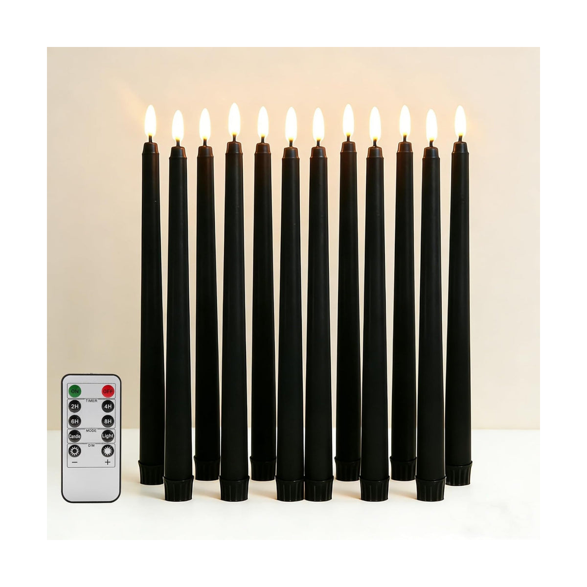 Black Halloween Flameless Taper Candles with Remote Timer Set of 12 | Flickering LED Candlesticks, 2 AAA Battery