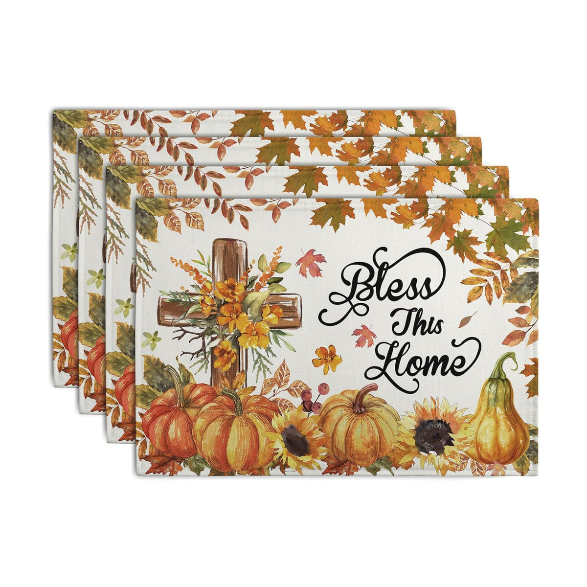 Fall Cross Pumpkin Placemats Set of 4 Autumn Thanksgiving Harvest Sunflower Maple Leaf Orange Linen Table Mats Seasonal Farmhouse Decorative Place Mat for Party Kitchen Dining Decor