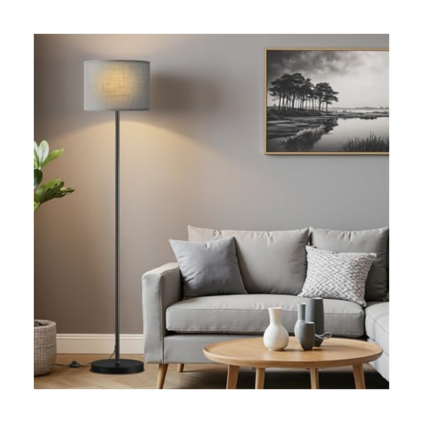 Ambimall 60'' Modern Floor Lamp with Shade, Tall Lamps for Living Room, Bedroom, Office, Dining Room, Linen Grey Shade